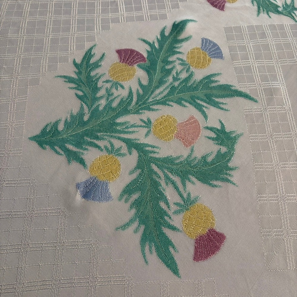 Vintage Damask Tablecloth Scottish Thistle Embroidered 48" Square Cottagecore
